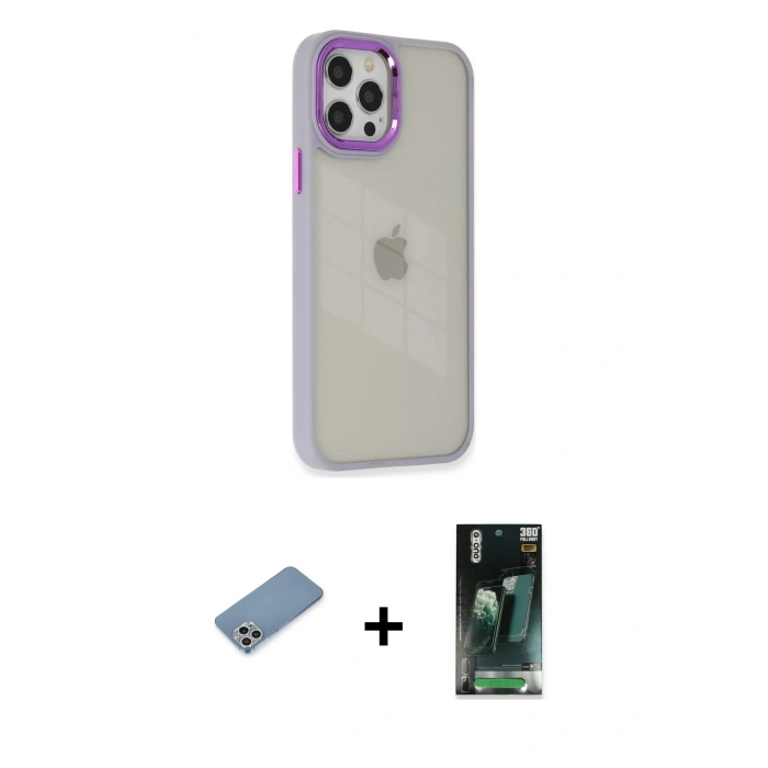 MARSİLYAN™- iPhone 12 Pro Max Kılıf Eksen Doku Prime - Siyah 360 Mat Full Body Arka Koruyucu + Shine Kamera Lens Koruma Cam - GS