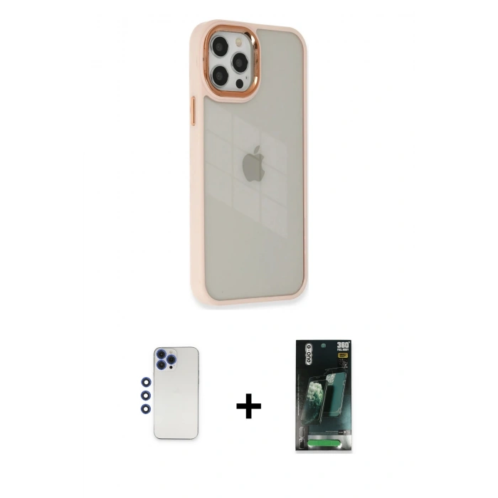 MARSİLYAN™- iPhone 12 Pro Max Kılıf Eksen Doku Prime - Siyah 360 Mat Full Body Arka Koruyucu + Shine Kamera Lens - LT