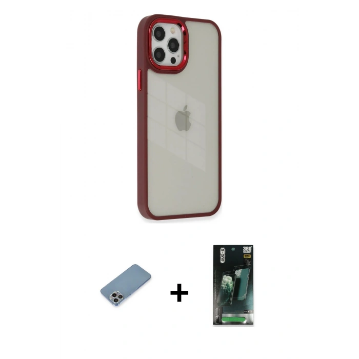 MARSİLYAN™- iPhone 12 Pro Max Kılıf Eksen Doku Prime - Siyah 360 Mat Full Body Arka Koruyucu + Shine Kamera Lens Koruma Cam - GI