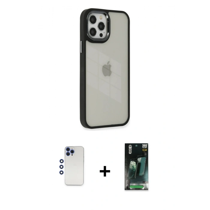 MARSİLYAN™- iPhone 12 Pro Max Kılıf Eksen Doku Prime - Siyah 360 Mat Full Body Arka Koruyucu + Shine Kamera Lens - LT