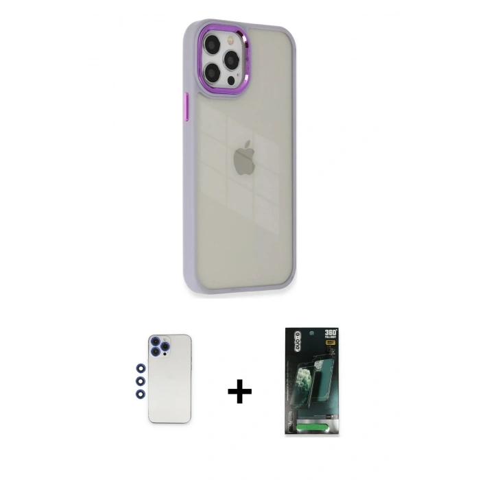 MARSİLYAN™- iPhone 12 Pro Max Kılıf Eksen Doku Prime - Siyah 360 Mat Full Body Arka Koruyucu + Shine Kamera Lens - LT