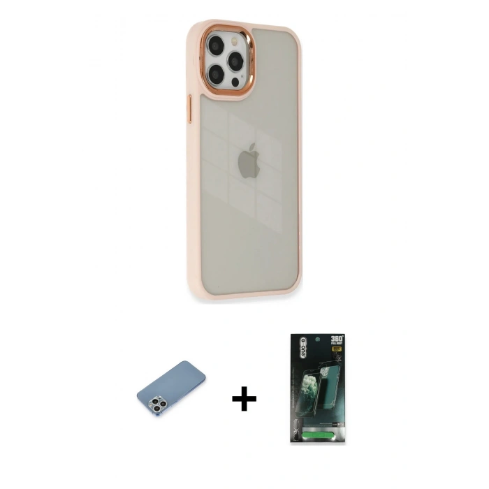 MARSİLYAN™- iPhone 12 Pro Max Kılıf Eksen Doku Prime - Siyah 360 Mat Full Body Arka Koruyucu + Shine Kamera Lens Koruma Cam - GS