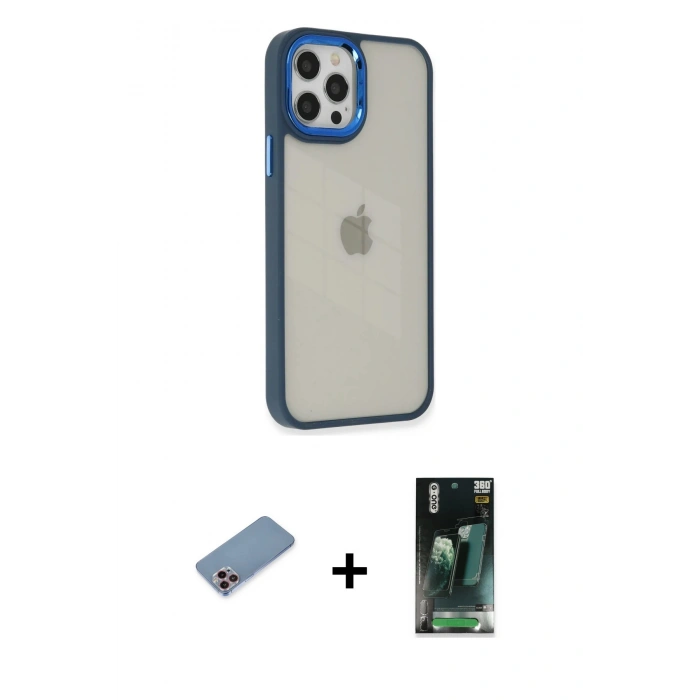 MARSİLYAN™- iPhone 12 Pro Max Kılıf Eksen Doku Prime - Siyah 360 Mat Full Body Arka Koruyucu + Shine Kamera Lens Koruma Cam - PE