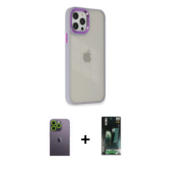 MARSİLYAN™- iPhone 12 Pro Max Kılıf Eksen Doku Prime - Siyah 360 Mat Full Body Arka Koruyucu + Neon Fosforlu Kamera Lens - YL