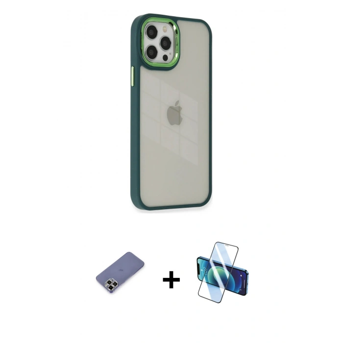 MARSİLYAN™- iPhone 12 Pro Max Kılıf Eksen Doku Prime - Siyah 3D Antistatik Cam Ekran Koruyucu + Metal Kamera Lens Koruma Cam - GD
