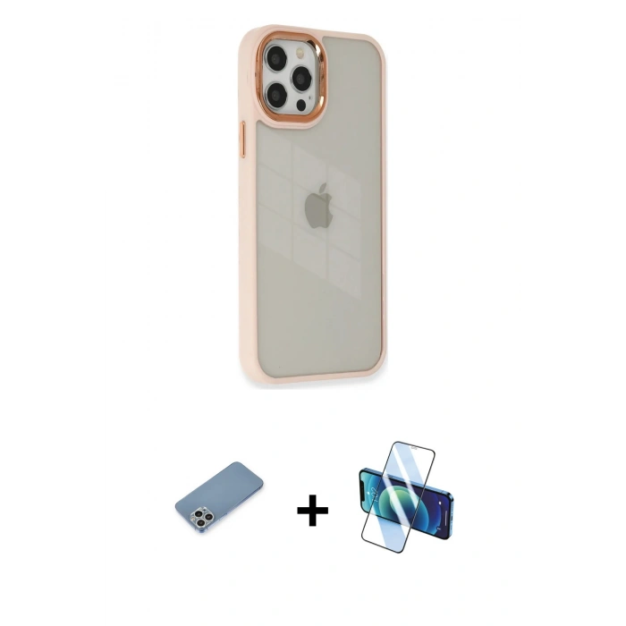 MARSİLYAN™- iPhone 12 Pro Max Kılıf Eksen Doku Prime - Siyah 3D Antistatik Cam Ekran Koruyucu + Shine Kamera Lens Koruma Cam - GS
