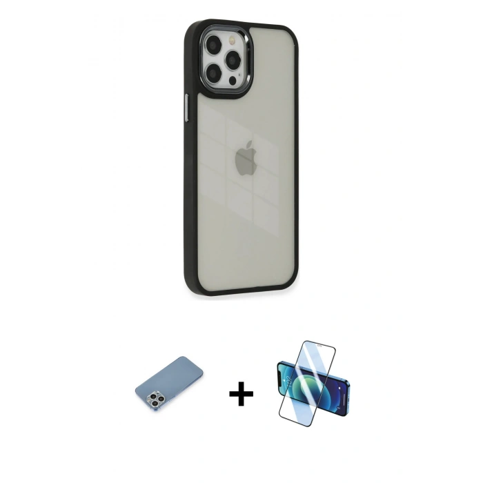 MARSİLYAN™- iPhone 12 Pro Max Kılıf Eksen Doku Prime - Siyah 3D Antistatik Cam Ekran Koruyucu + Shine Kamera Lens Koruma Cam - GS