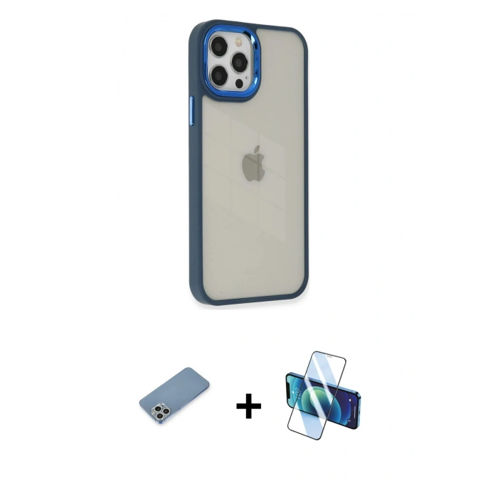 MARSİLYAN™- iPhone 12 Pro Max Kılıf Eksen Doku Prime - Siyah 3D Antistatik Cam Ekran Koruyucu + Shine Kamera Lens Koruma Cam - GS