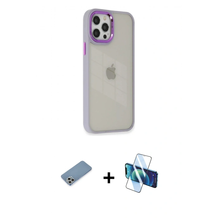 MARSİLYAN™- iPhone 12 Pro Max Kılıf Eksen Doku Prime - Siyah 3D Antistatik Cam Ekran Koruyucu + Shine Kamera Lens Koruma Cam - GS