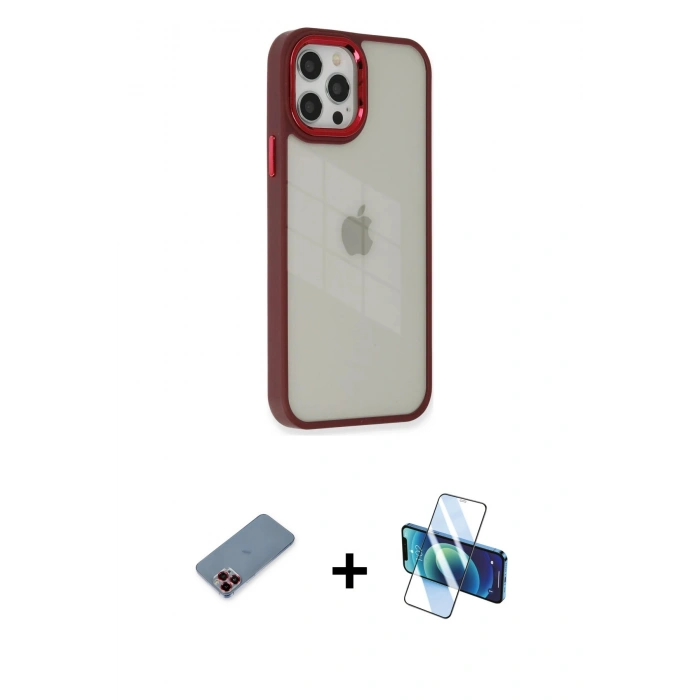 MARSİLYAN™- iPhone 12 Pro Max Kılıf Eksen Doku Prime - Siyah 3D Antistatik Cam Ekran Koruyucu + Metal Kamera Lens Koruma Cam - KI
