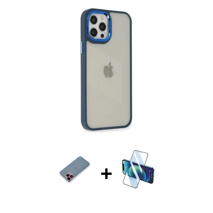 MARSİLYAN™- iPhone 12 Pro Max Kılıf Eksen Doku Prime - Siyah 3D Antistatik Cam Ekran Koruyucu + Metal Kamera Lens Koruma Cam - KI