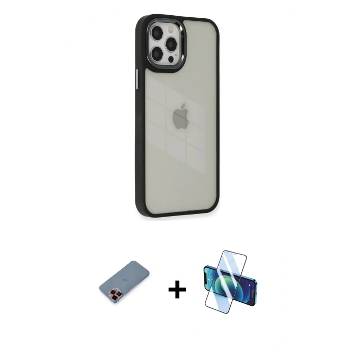 MARSİLYAN™- iPhone 12 Pro Max Kılıf Eksen Doku Prime - Siyah 3D Antistatik Cam Ekran Koruyucu + Metal Kamera Lens Koruma Cam - KI