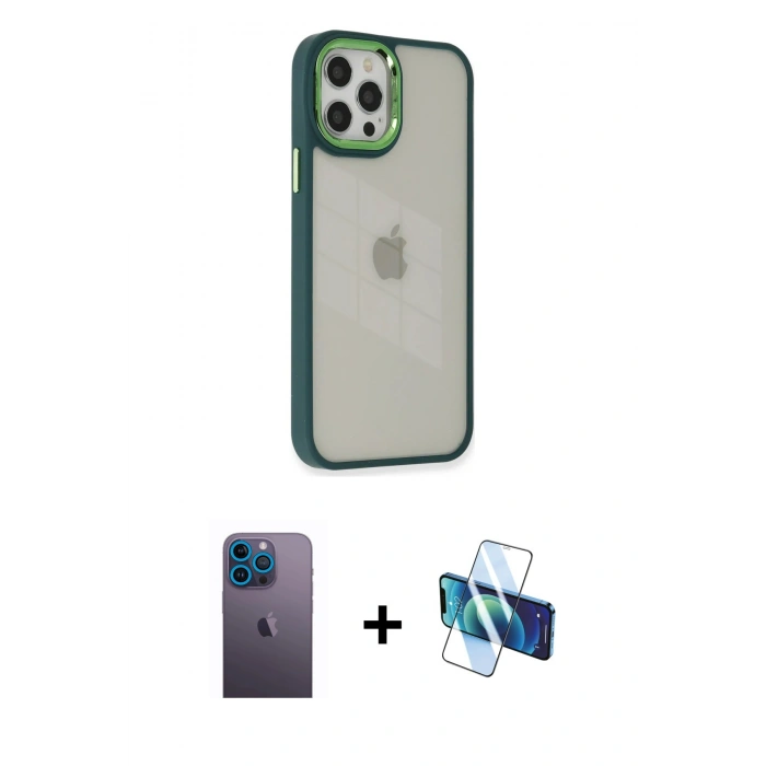 MARSİLYAN™- iPhone 12 Pro Max Kılıf Eksen Doku Prime - Siyah 3D Antistatik Cam Ekran Koruyucu + Neon Fosforlu Kamera Lens - MI