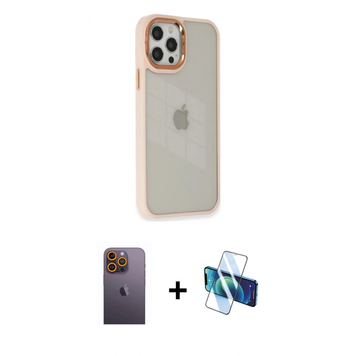 MARSİLYAN™- iPhone 12 Pro Max Kılıf Eksen Doku Prime - Siyah 3D Antistatik Cam Ekran Koruyucu + Neon Fosforlu Kamera Lens - SI