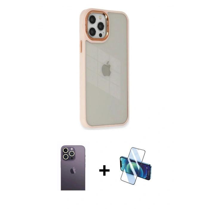 MARSİLYAN™- iPhone 12 Pro Max Kılıf Eksen Doku Prime - Siyah 3D Antistatik Cam Ekran Koruyucu + Neon Fosforlu Kamera Lens - BZ