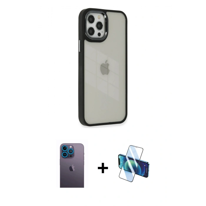 MARSİLYAN™- iPhone 12 Pro Max Kılıf Eksen Doku Prime - Siyah 3D Antistatik Cam Ekran Koruyucu + Neon Fosforlu Kamera Lens - MI