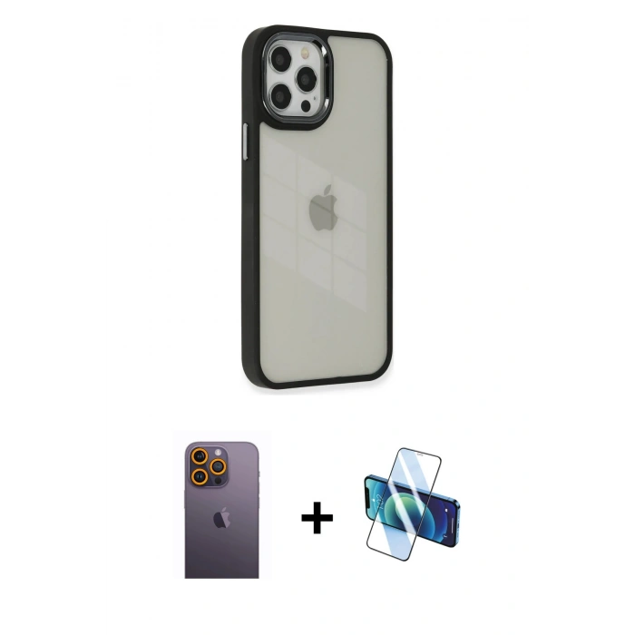 MARSİLYAN™- iPhone 12 Pro Max Kılıf Eksen Doku Prime - Siyah 3D Antistatik Cam Ekran Koruyucu + Neon Fosforlu Kamera Lens - SI