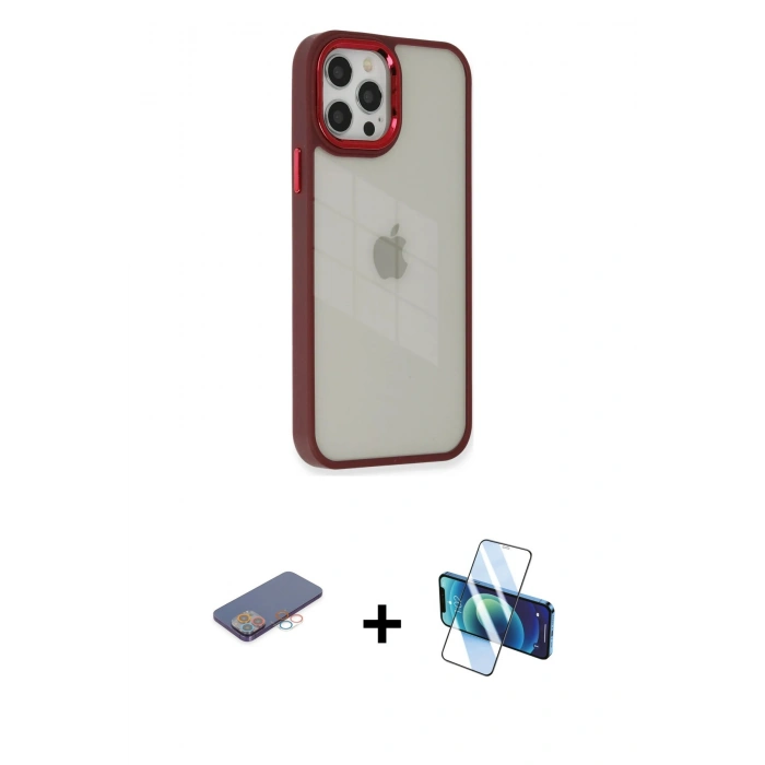 MARSİLYAN™- iPhone 12 Pro Max Kılıf Eksen Doku Prime - Siyah 3D Antistatik Cam Ekran Koruyucu + Pembe Renkli Kamera Lens Koruma Cam
