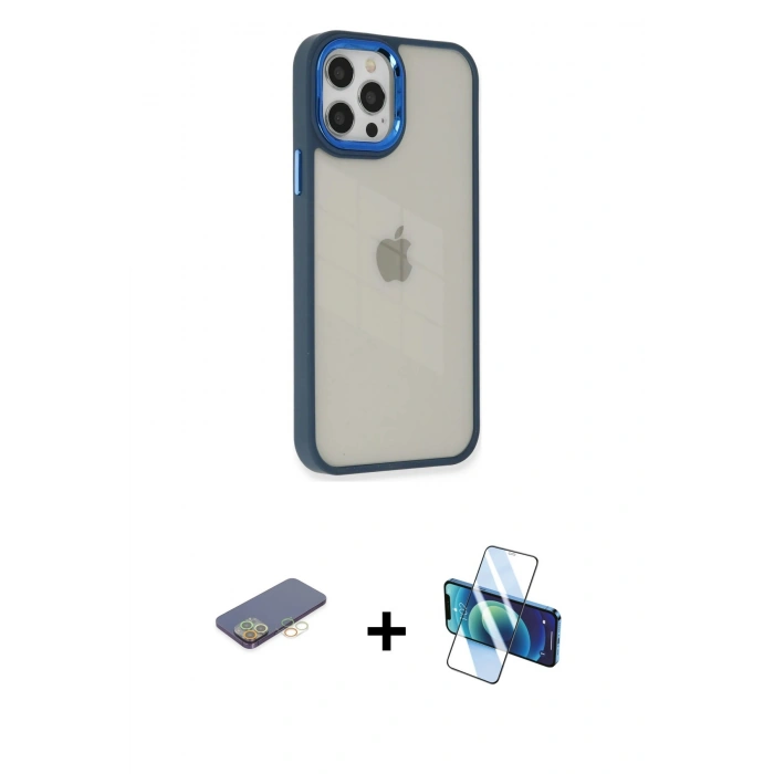 MARSİLYAN™- iPhone 12 Pro Max Kılıf Eksen Doku Prime - Siyah 3D Antistatik Cam Ekran Koruyucu + Renkli Kamera Lens Koruma Cam - SI