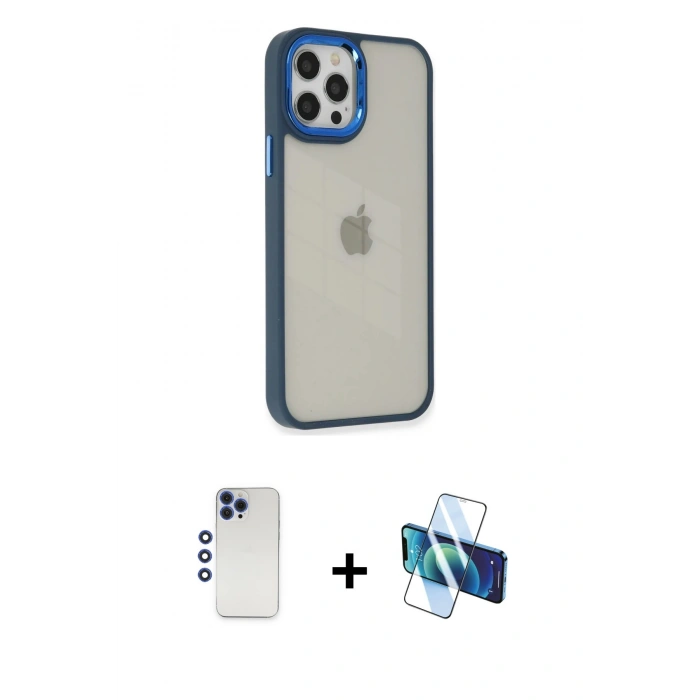 MARSİLYAN™- iPhone 12 Pro Max Kılıf Eksen Doku Prime - Siyah 3D Antistatik Cam Ekran Koruyucu + Shine Kamera Lens - LT