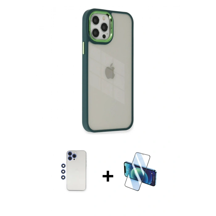 MARSİLYAN™- iPhone 12 Pro Max Kılıf Eksen Doku Prime - Siyah 3D Antistatik Cam Ekran Koruyucu + Shine Kamera Lens - LT