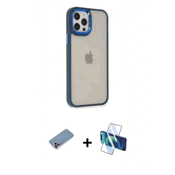 MARSİLYAN™- iPhone 12 Pro Max Kılıf Eksen Doku Prime - Siyah 3D Antistatik Cam Ekran Koruyucu + Shine Kamera Lens Koruma Cam - PE