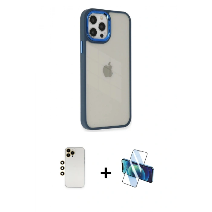 MARSİLYAN™- iPhone 12 Pro Max Kılıf Eksen Doku Prime - Siyah 3D Antistatik Cam Ekran Koruyucu + Shine Kamera Lens - GD