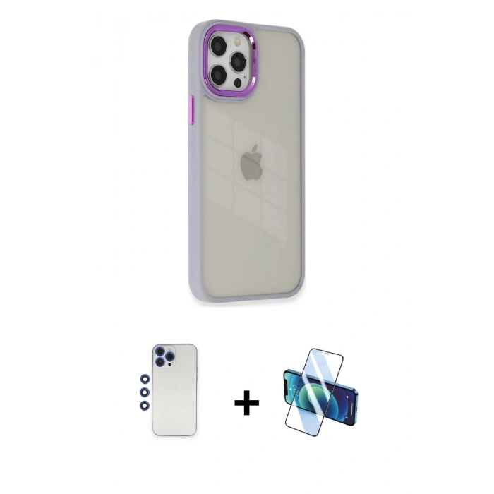 MARSİLYAN™- iPhone 12 Pro Max Kılıf Eksen Doku Prime - Siyah 3D Antistatik Cam Ekran Koruyucu + Shine Kamera Lens - LT