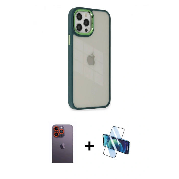 MARSİLYAN™- iPhone 12 Pro Max Kılıf Eksen Doku Prime - Siyah 3D Antistatik Cam Ekran Koruyucu + Turuncu Neon Fosforlu Kamera Lens