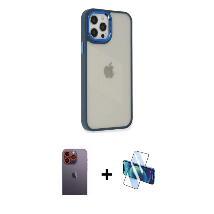 MARSİLYAN™- iPhone 12 Pro Max Kılıf Eksen Doku Prime - Siyah 3D Antistatik Cam Ekran Koruyucu + Turuncu Neon Fosforlu Kamera Lens