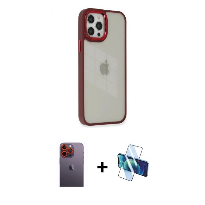 MARSİLYAN™- iPhone 12 Pro Max Kılıf Eksen Doku Prime - Siyah 3D Antistatik Cam Ekran Koruyucu + Turuncu Neon Fosforlu Kamera Lens