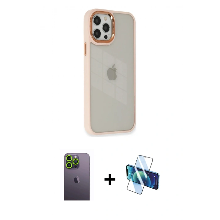 MARSİLYAN™- iPhone 12 Pro Max Kılıf Eksen Doku Prime - Siyah 3D Antistatik Cam Ekran Koruyucu + Neon Fosforlu Kamera Lens - YL