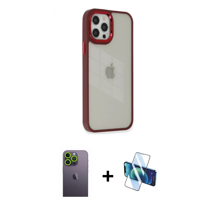 MARSİLYAN™- iPhone 12 Pro Max Kılıf Eksen Doku Prime - Siyah 3D Antistatik Cam Ekran Koruyucu + Neon Fosforlu Kamera Lens - YL