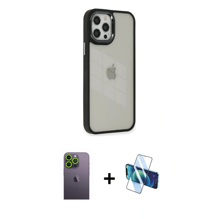 MARSİLYAN™- iPhone 12 Pro Max Kılıf Eksen Doku Prime - Siyah 3D Antistatik Cam Ekran Koruyucu + Neon Fosforlu Kamera Lens - YL