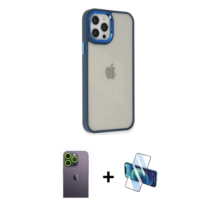 MARSİLYAN™- iPhone 12 Pro Max Kılıf Eksen Doku Prime - Siyah 3D Antistatik Cam Ekran Koruyucu + Neon Fosforlu Kamera Lens - YL
