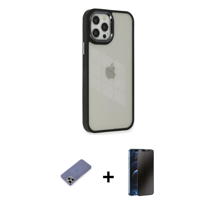 MARSİLYAN™- iPhone 12 Pro Max Kılıf Eksen Doku Prime - Siyah 3D Antistatik Hayalet Cam Ekran Koruyucu + Metal Kamera Lens Koruma Cam - GD