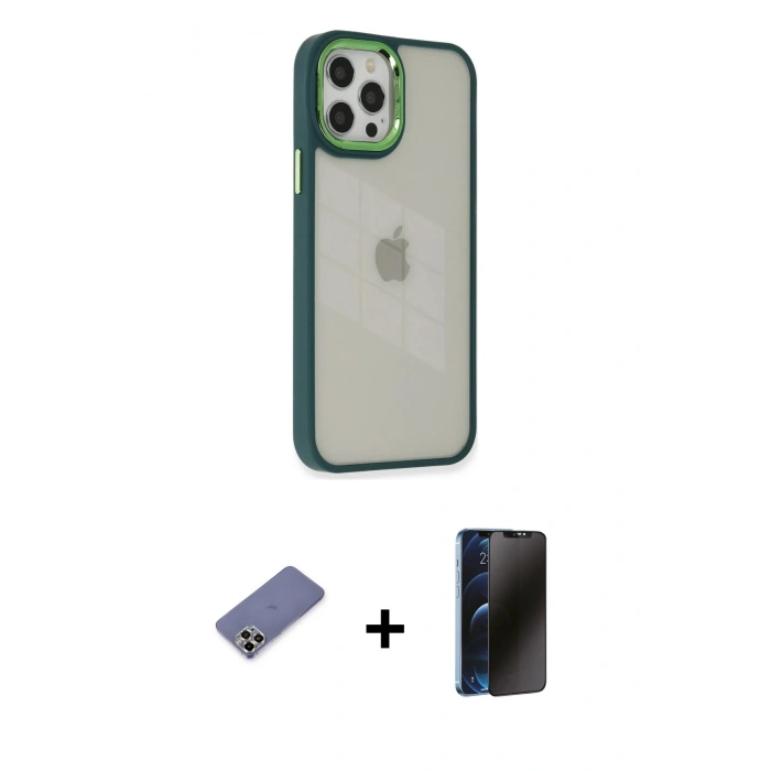 MARSİLYAN™- iPhone 12 Pro Max Kılıf Eksen Doku Prime - Siyah 3D Antistatik Hayalet Cam Ekran Koruyucu + Metal Kamera Lens Koruma Cam - GD