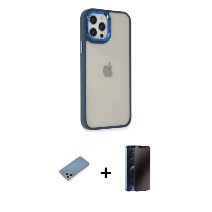 MARSİLYAN™- iPhone 12 Pro Max Kılıf Eksen Doku Prime - Siyah 3D Antistatik Hayalet Cam Ekran Koruyucu + Gümüş Shine Kamera Lens Koruma Cam
