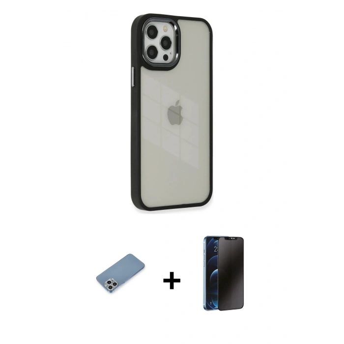 MARSİLYAN™- iPhone 12 Pro Max Kılıf Eksen Doku Prime - Siyah 3D Antistatik Hayalet Cam Ekran Koruyucu + Gümüş Shine Kamera Lens Koruma Cam