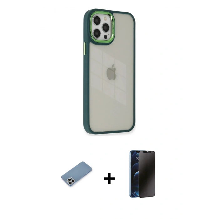MARSİLYAN™- iPhone 12 Pro Max Kılıf Eksen Doku Prime - Siyah 3D Antistatik Hayalet Cam Ekran Koruyucu + Gümüş Shine Kamera Lens Koruma Cam