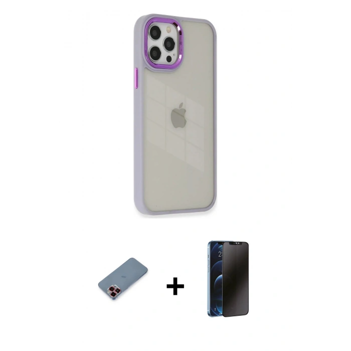 MARSİLYAN™- iPhone 12 Pro Max Kılıf Eksen Doku Prime - Siyah 3D Antistatik Hayalet Cam Ekran Koruyucu + Kırmızı Metal Kamera Lens Koruma Cam