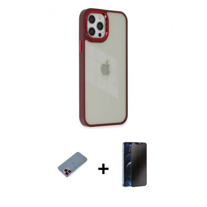MARSİLYAN™- iPhone 12 Pro Max Kılıf Eksen Doku Prime - Siyah 3D Antistatik Hayalet Cam Ekran Koruyucu + Kırmızı Metal Kamera Lens Koruma Cam