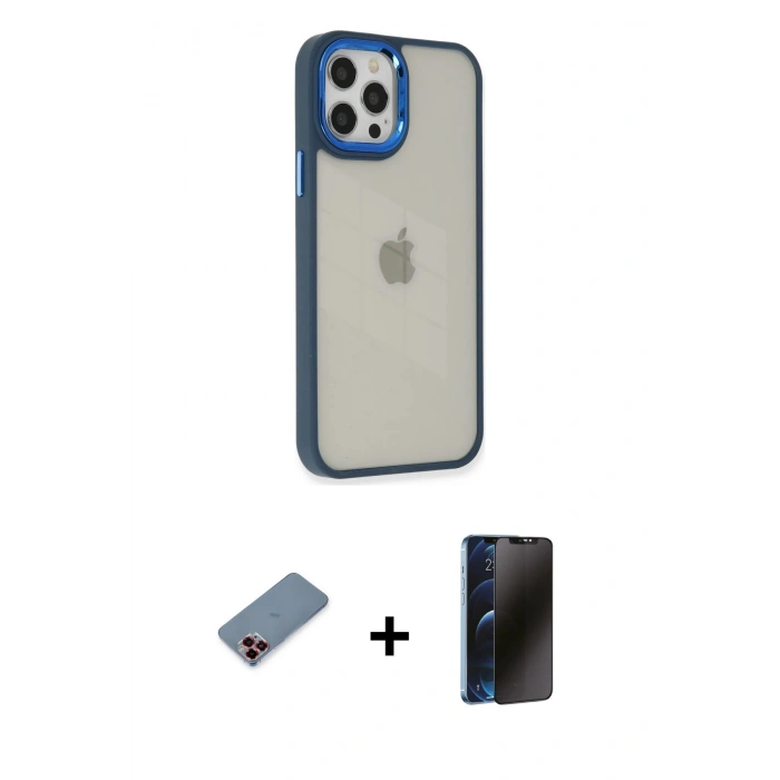 MARSİLYAN™- iPhone 12 Pro Max Kılıf Eksen Doku Prime - Siyah 3D Antistatik Hayalet Cam Ekran Koruyucu + Kırmızı Metal Kamera Lens Koruma Cam