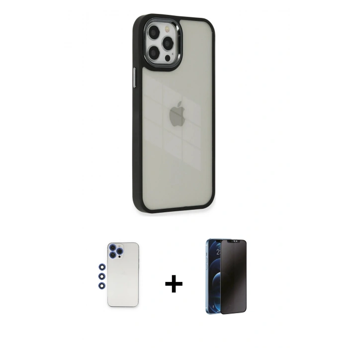 MARSİLYAN™- iPhone 12 Pro Max Kılıf Eksen Doku Prime - Siyah 3D Antistatik Hayalet Cam Ekran Koruyucu + Shine Kamera Lens - LT