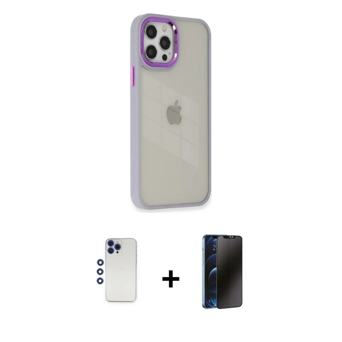MARSİLYAN™- iPhone 12 Pro Max Kılıf Eksen Doku Prime - Siyah 3D Antistatik Hayalet Cam Ekran Koruyucu + Shine Kamera Lens - LT