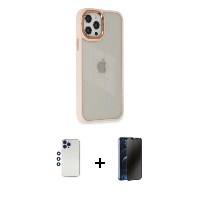 MARSİLYAN™- iPhone 12 Pro Max Kılıf Eksen Doku Prime - Siyah 3D Antistatik Hayalet Cam Ekran Koruyucu + Shine Kamera Lens - LT