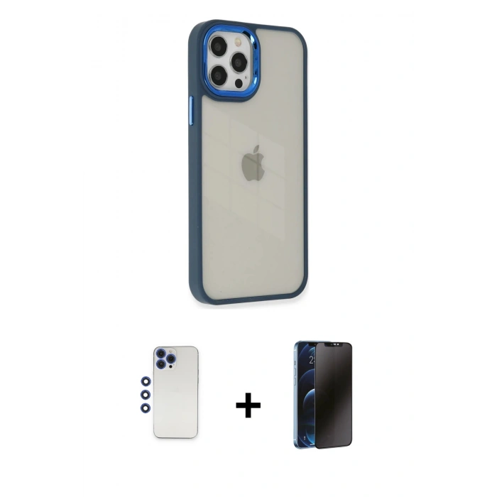 MARSİLYAN™- iPhone 12 Pro Max Kılıf Eksen Doku Prime - Siyah 3D Antistatik Hayalet Cam Ekran Koruyucu + Shine Kamera Lens - LT