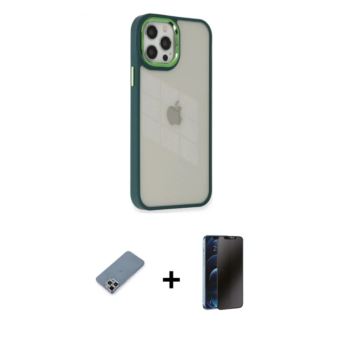 MARSİLYAN™- iPhone 12 Pro Max Kılıf Eksen Doku Prime - Siyah 3D Antistatik Hayalet Cam Ekran Koruyucu + Metal Kamera Lens Koruma Cam - GS