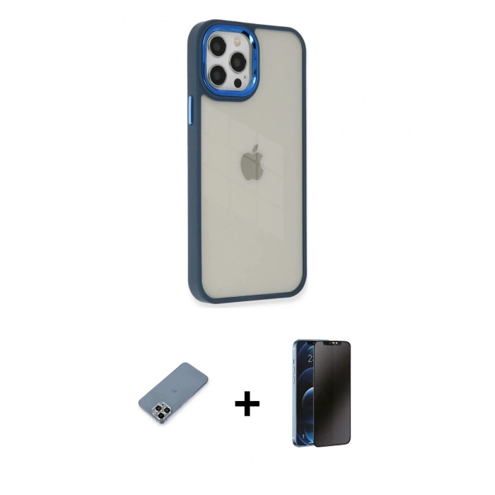 MARSİLYAN™- iPhone 12 Pro Max Kılıf Eksen Doku Prime - Siyah 3D Antistatik Hayalet Cam Ekran Koruyucu + Metal Kamera Lens Koruma Cam - GS