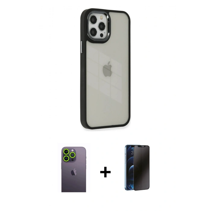 MARSİLYAN™- iPhone 12 Pro Max Kılıf Eksen Doku Prime - Siyah 3D Antistatik Hayalet Cam Ekran Koruyucu + Neon Fosforlu Kamera Lens - YL